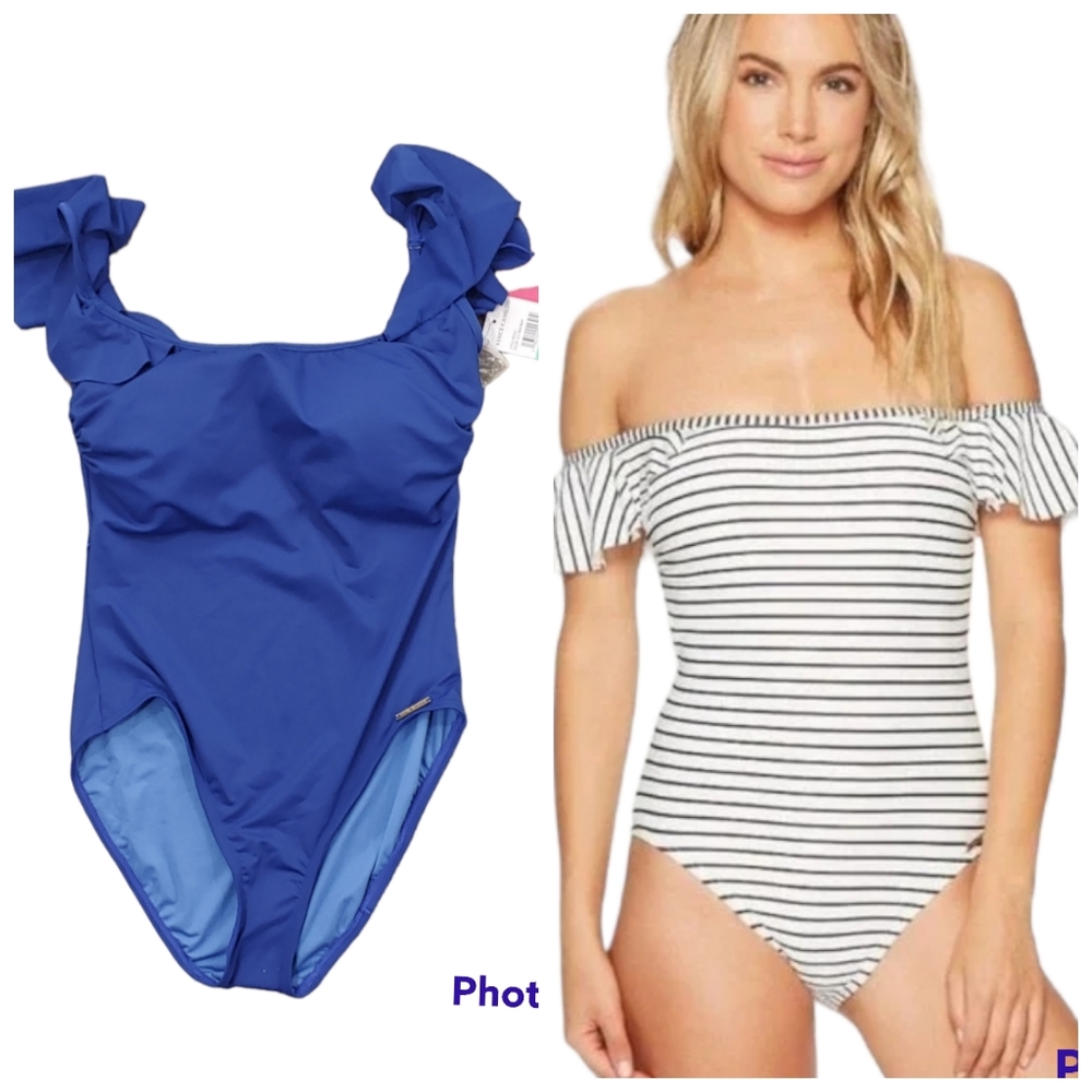 NWT Vince Camuto Ruffle Off-The-Shoulder One-Piece Swimsuit New Navy|Size 8